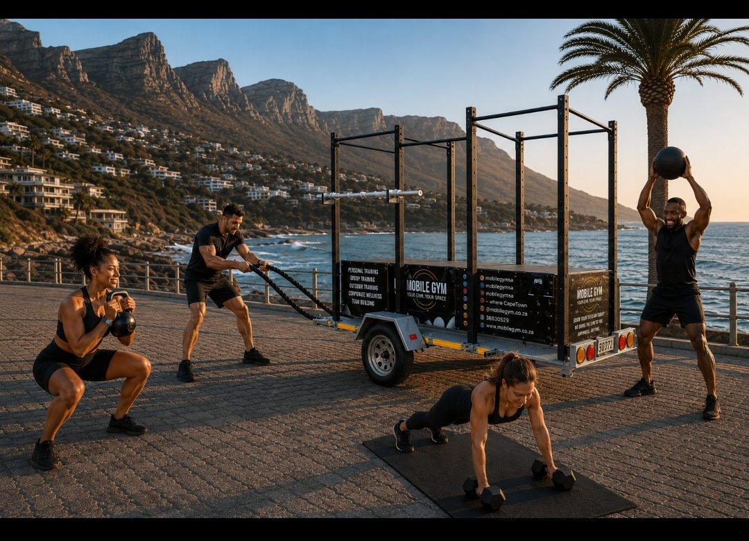 Sunset session with the full Mobile Gym rig on the Sea Point promenade